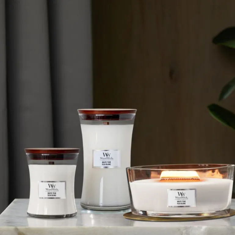 Hourglass duftlys stor white teak