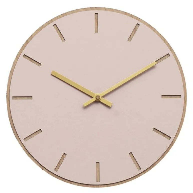 Powder veggklokke 28 cm rosa linoleum m/gull viser