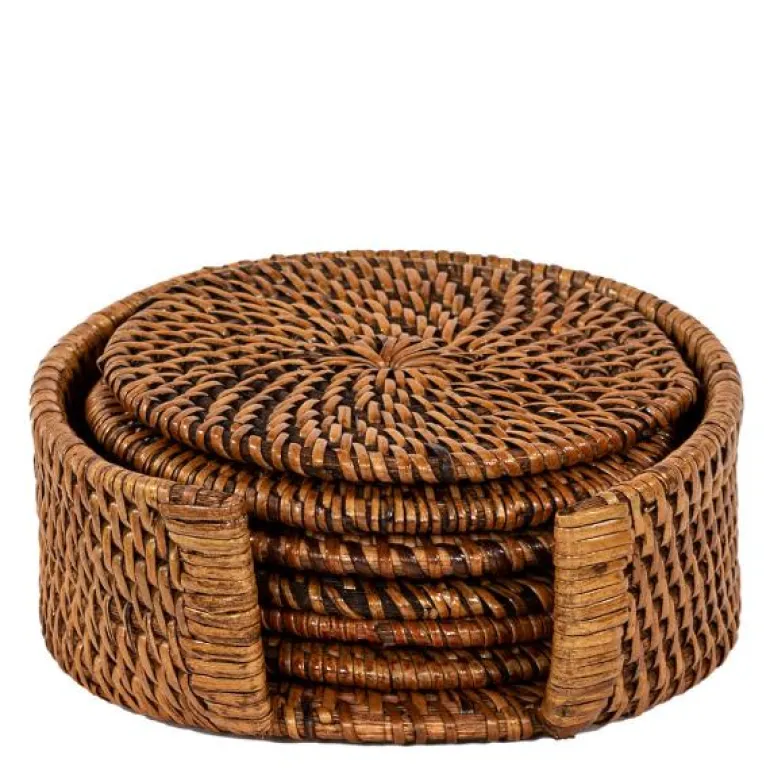 Rattan glassbrikke 6 stk i stativ brun