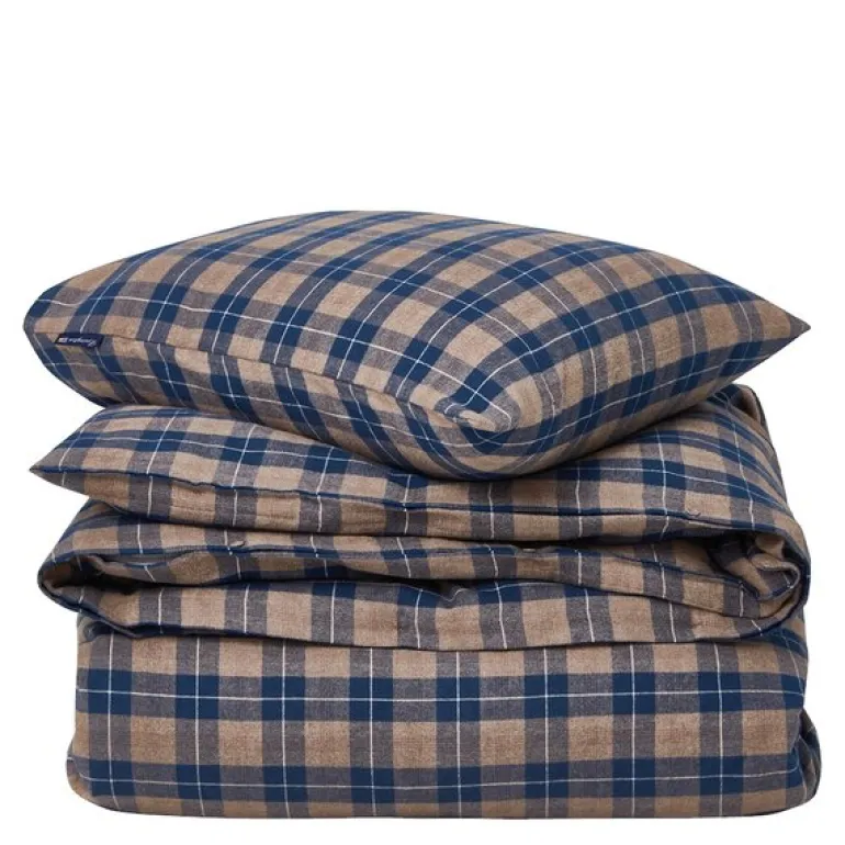 Rutete flanell sengetøy 140x200 cm denim blå/beige
