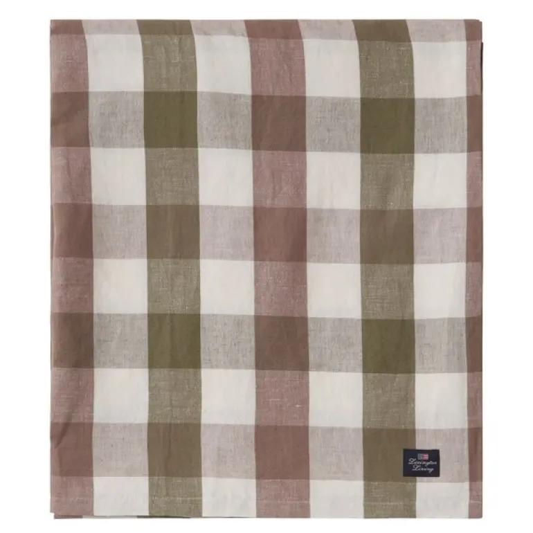 Rutete lin/bomulls duk 150x350 cm oliven/hvit/brun