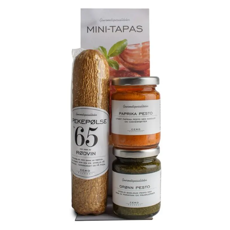 Temapose Tapas rødvinspølse og 2 stk pesto